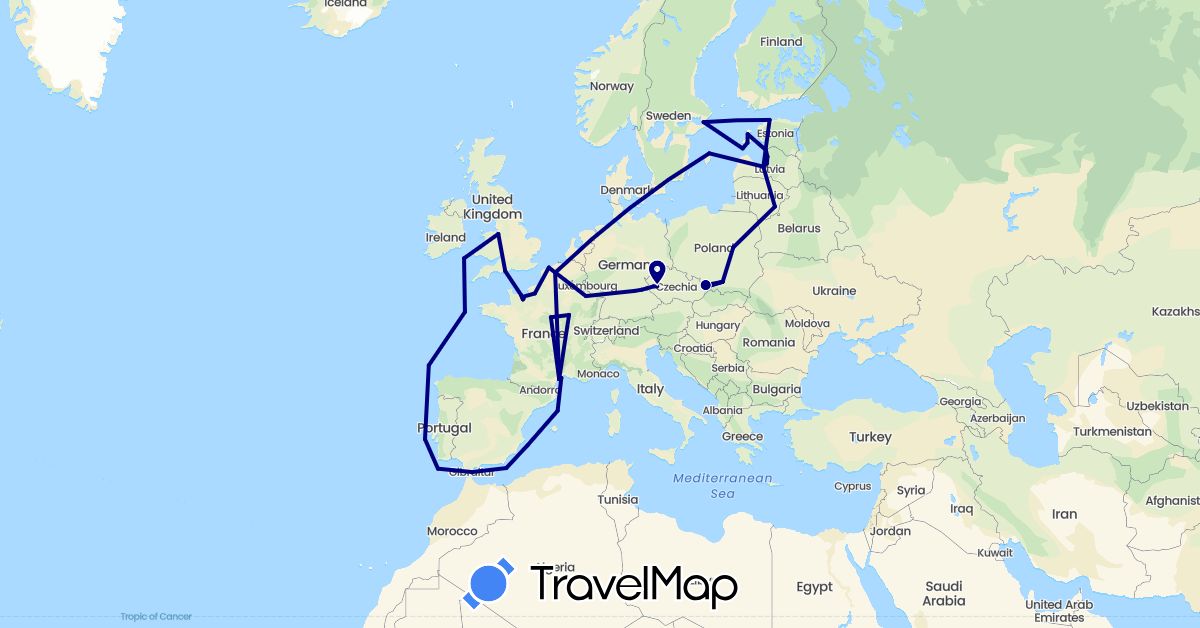TravelMap itinerary: driving in Czech Republic, Germany, Estonia, France, United Kingdom, Gibraltar, Lithuania, Latvia, Poland, Sweden (Europe)